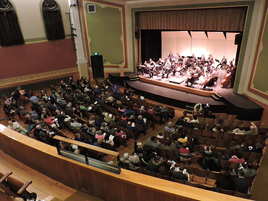 Audience members in theater listening to orchestra on stage