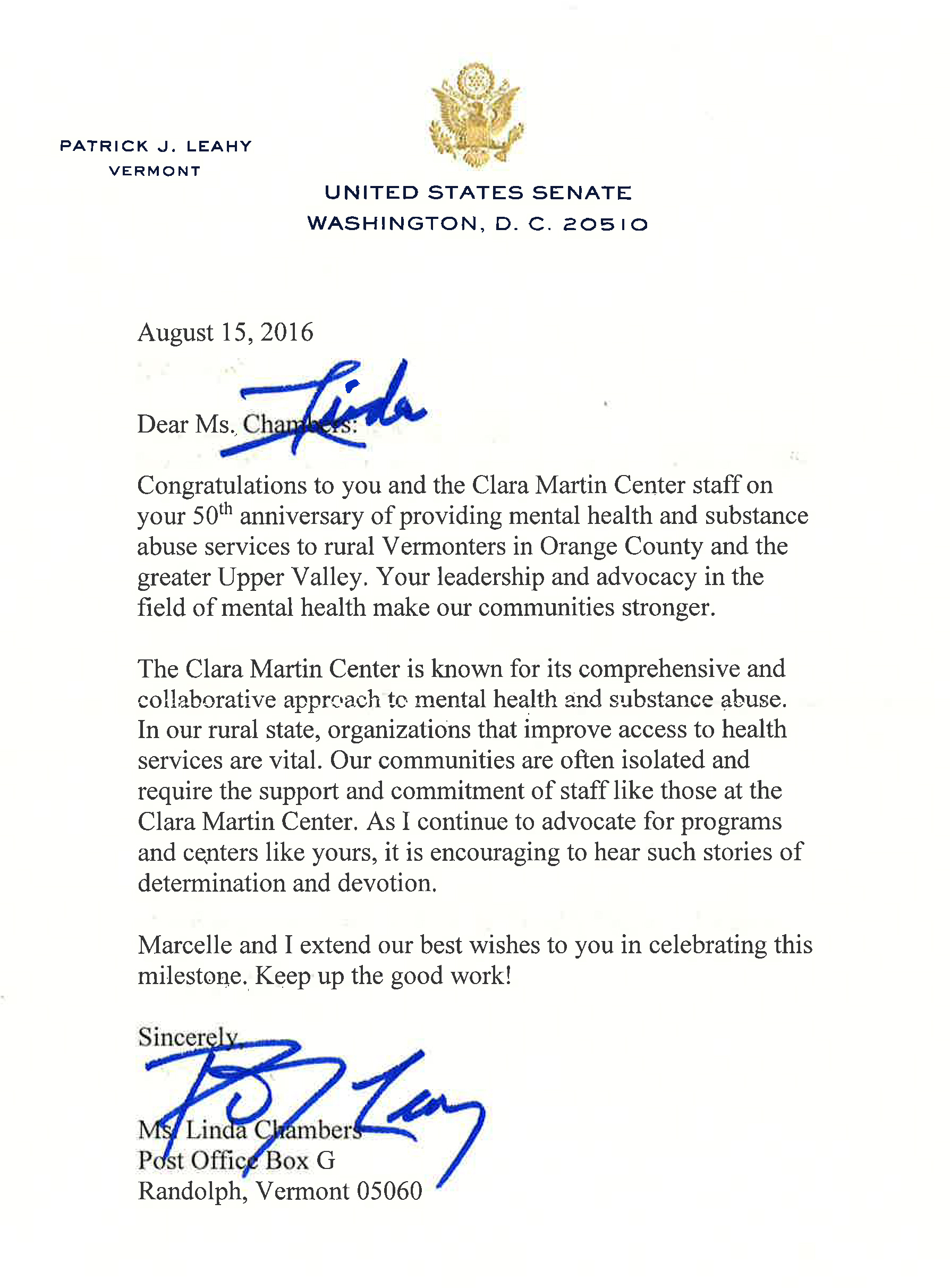Letter from Senator Patrick Leahy to the Clara Martin Center on their 50th Anniversary